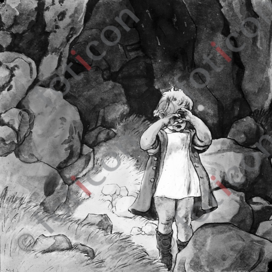 Ein Kind konnte dem Rattenfänger von Hameln entkommen | One child was able to escape the Pied Piper of Hamelin  - Foto foticon-600-simon-166a-008-sw.jpg | foticon.de - Bilddatenbank für Motive aus Geschichte und Kultur
